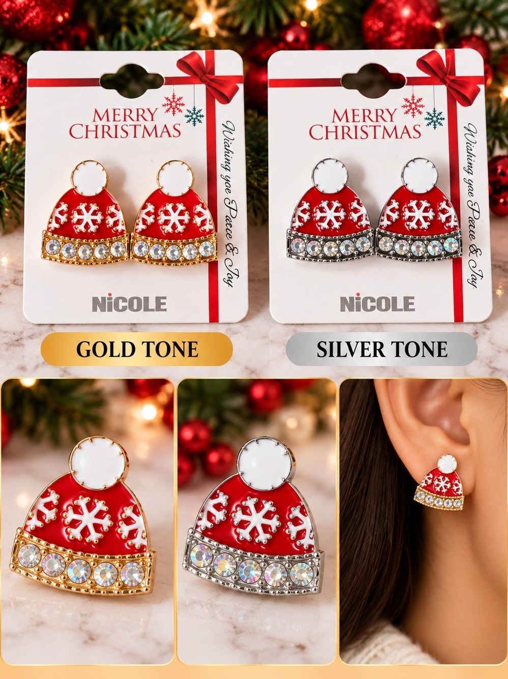 Nicole Red and Gold or Silver Tone Snowflake Hat Stud Earrings